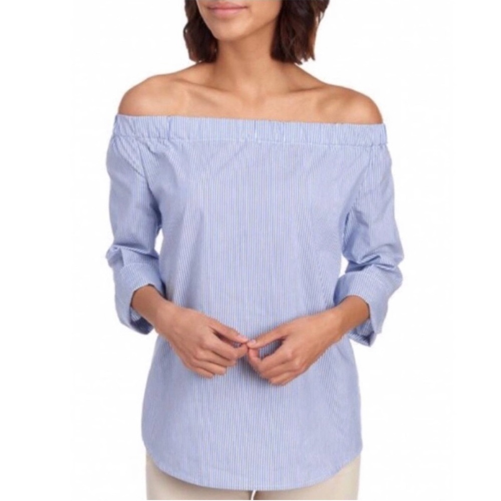 Off the shoulder blue stripe top - 1/2 sleeve - medium like new